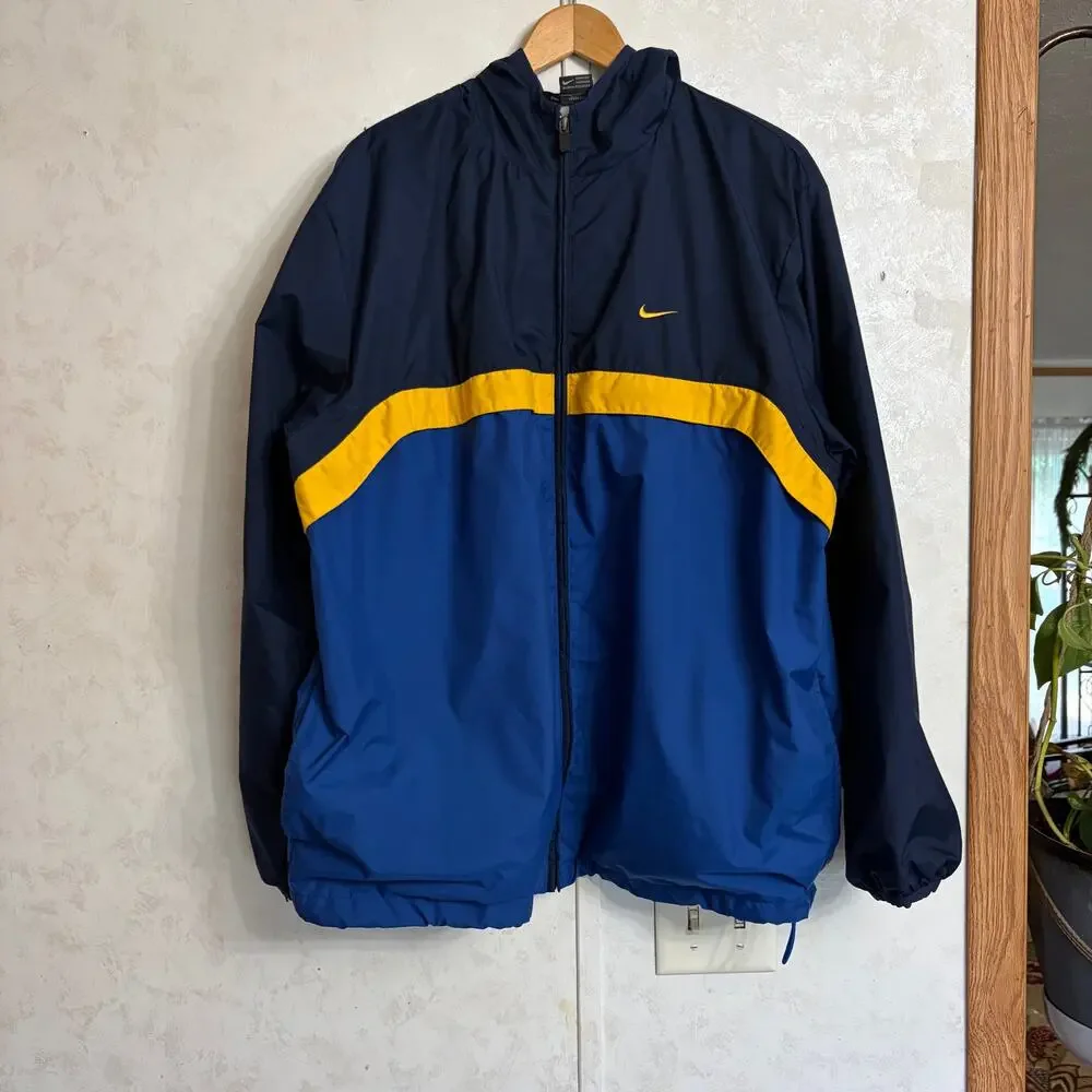 VTG Nike Blue Navy Yellow Color Block Lined Hooded Windbreaker 90's Sportswear L